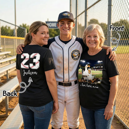 Personalized Dual Print Classic Tee with Raccoon on Ballfield 'I Live Here Now' - Unique Baseball Gift