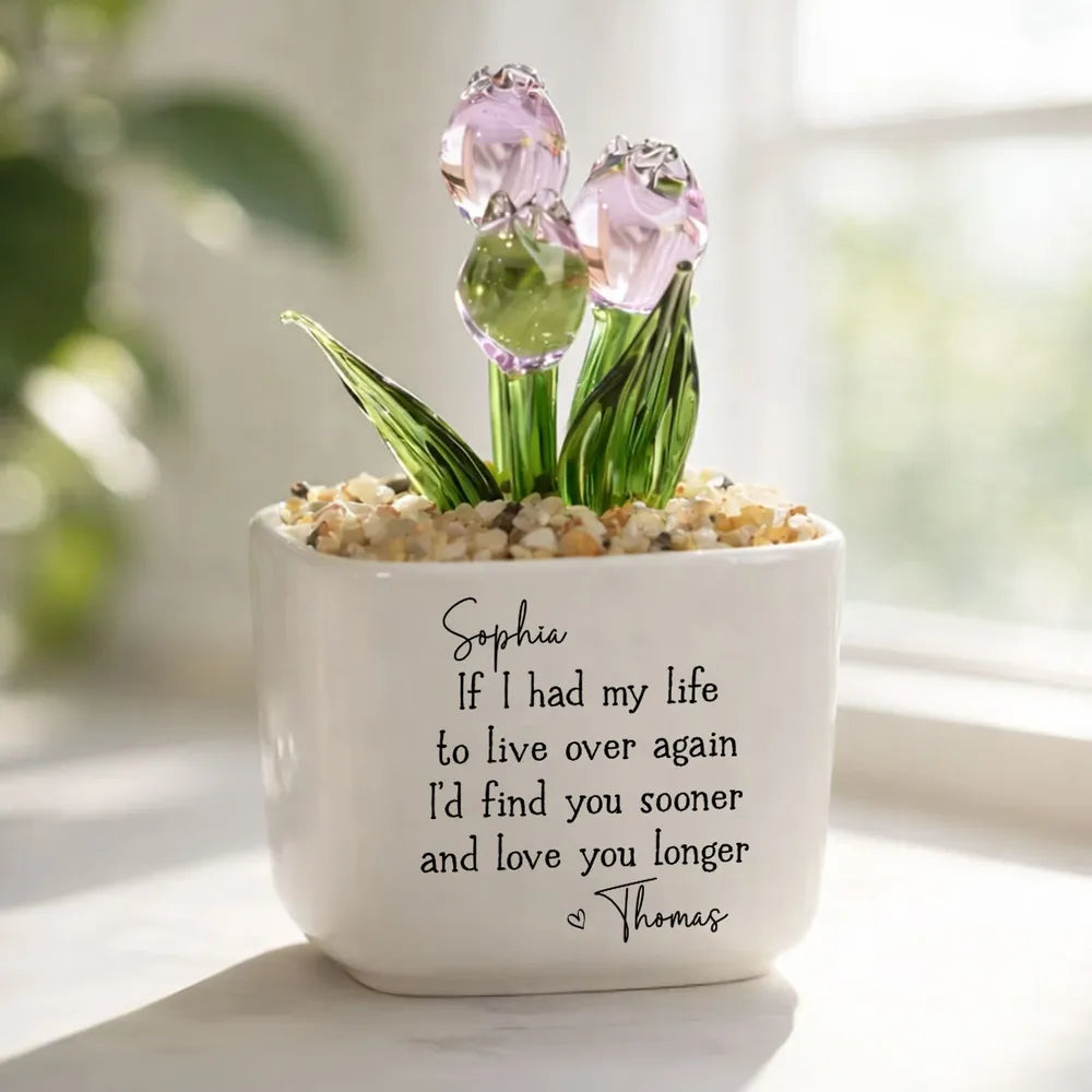 Personalized Square Glass Planter With Purple Tulips, Unique Creative Gift For Partner