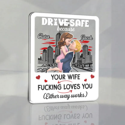Personalized Acrylic Car Visor Clip, Drive Safe Hugging Couple, Unique Gift for Husband's Daily Drives