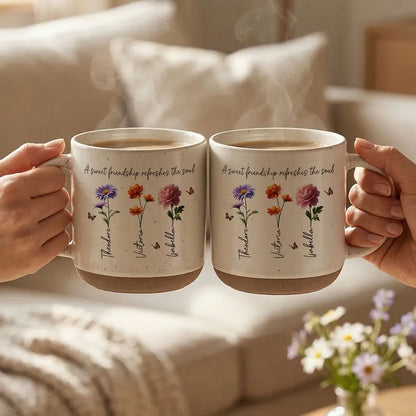 Personalized Pottery Mug with Birth Flowers and Sweet Friendship Quote, Unique Best Friend Gift for Coffee and Tea