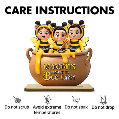 Personalized 2-Layer Wooden Plaque Grandma's Reasons to Bee Happy - Cute Cartoon Kids in Honey Pot, Unique Gift for Grandma
