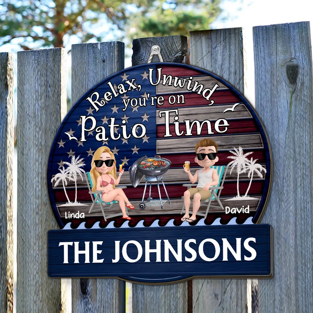 Relax & Unwind Wooden Sign, Cute Patio Grill Cartoon, Creative Gift for Family Outdoor Decor