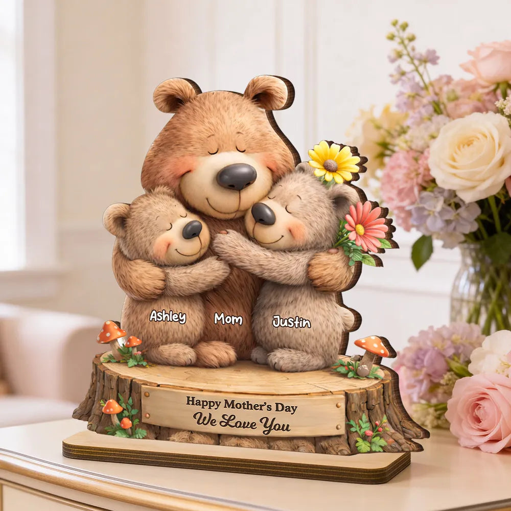 Personalized 2-Layer Wooden Plaque with Hugging Bear Mom and Child, Mother's Day Living Room Display, Unique Gift for Mom