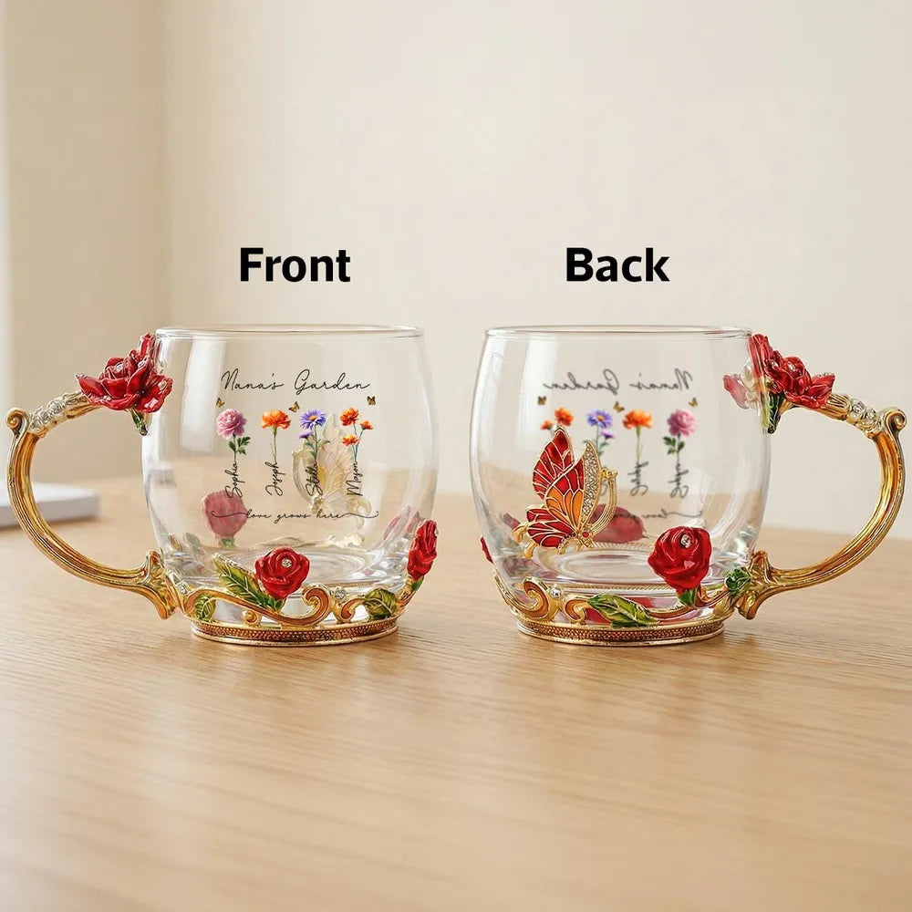 Personalized Enamel Flower Tea Cup, Nana's Garden Floral Gift for Grandma, A Unique Tea Time Keepsake
