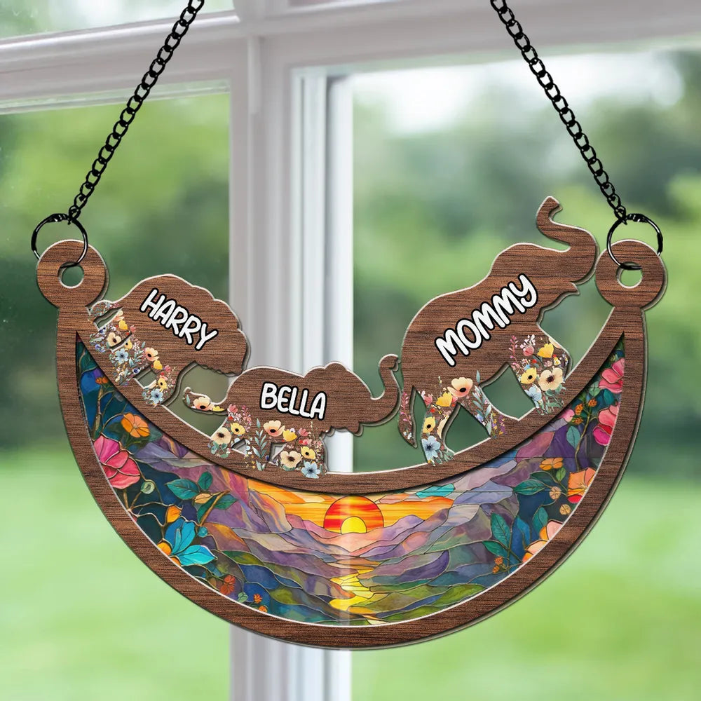 Personalized Elephant Family Wood and Acrylic Layered Ornament, Colorful Sunset Suncatcher Style, Unique Gift for Mom or Grandma