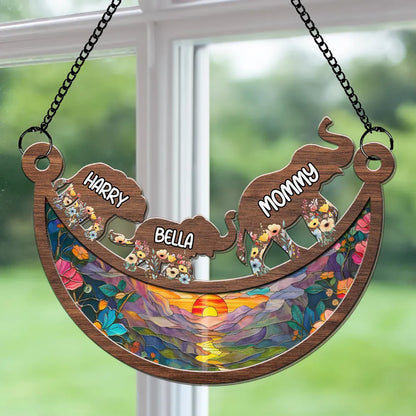 Personalized Elephant Family Wood and Acrylic Layered Ornament, Colorful Sunset Suncatcher Style, Unique Gift for Mom or Grandma