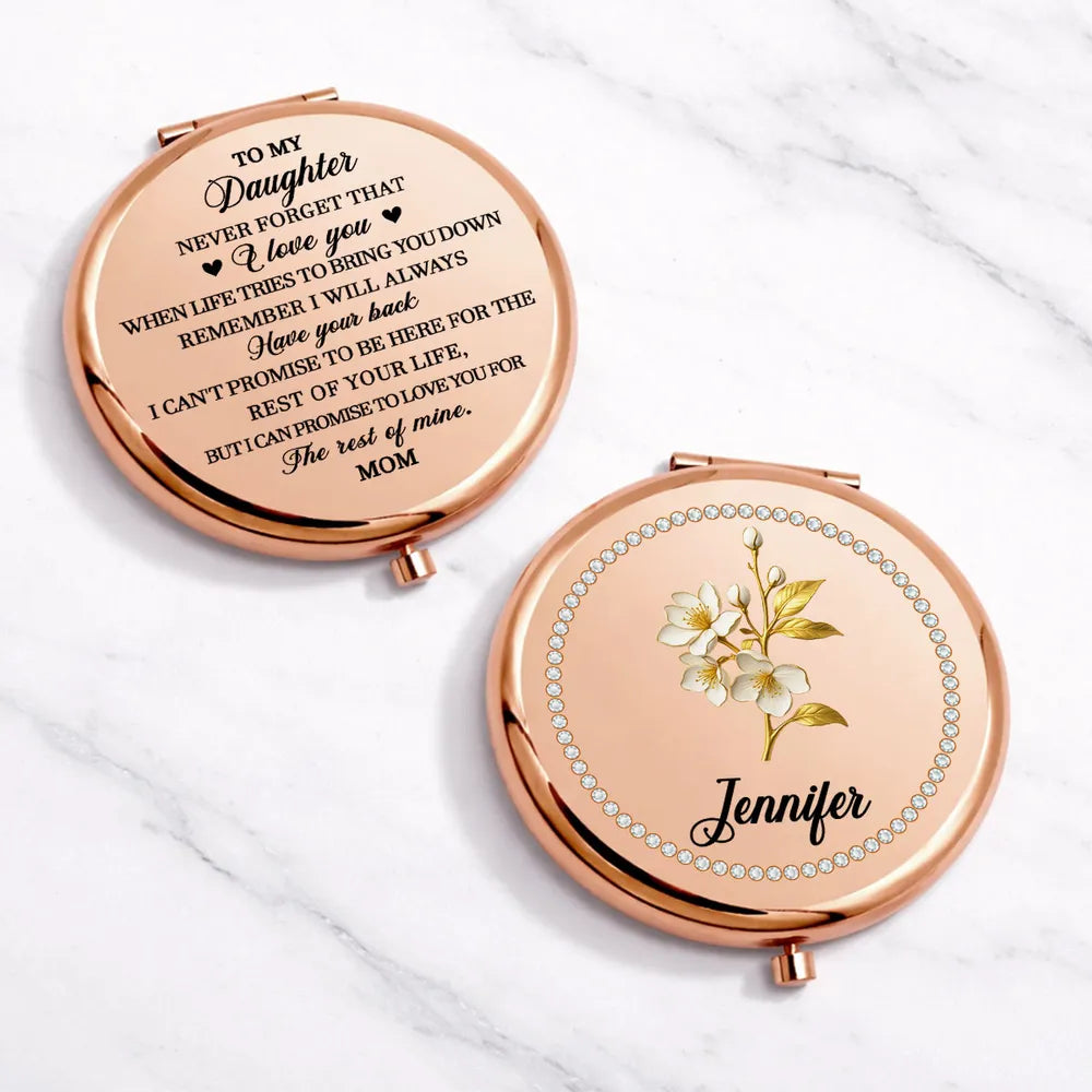 Personalized Metal Compact Mirror for Daughter, Rose Gold Floral Design, Unique Gift from Mom