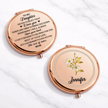 Personalized Metal Compact Mirror for Daughter, Rose Gold Floral Design, Unique Gift from Mom