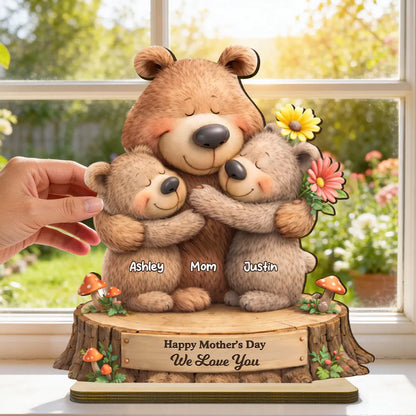 Personalized 2-Layer Wooden Plaque with Hugging Bear Mom and Child, Mother's Day Living Room Display, Unique Gift for Mom