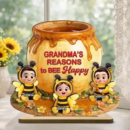 Personalized 2-Layer Wooden Plaque Nana's Reasons to Bee Happy Cute Grandkids Gift for Mom or Grandma Sweet Home Display