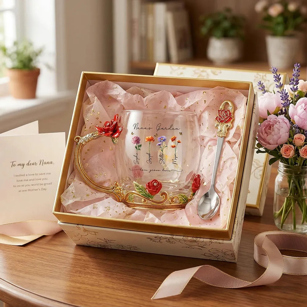Personalized Enamel Flower Tea Cup, Nana's Garden Floral Gift for Grandma, A Unique Tea Time Keepsake