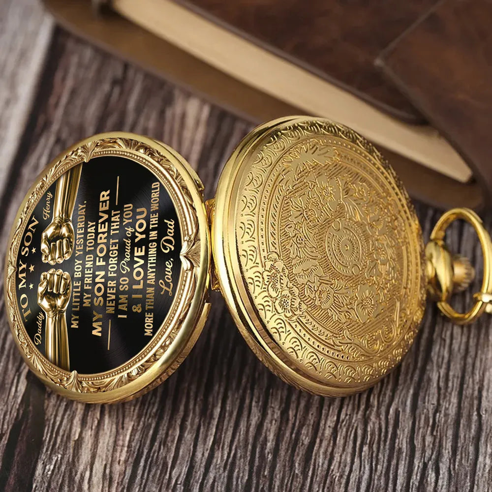 Personalized Pocket Watch with Father Son Fist Bump, Black and Gold Unique Gift from Dad