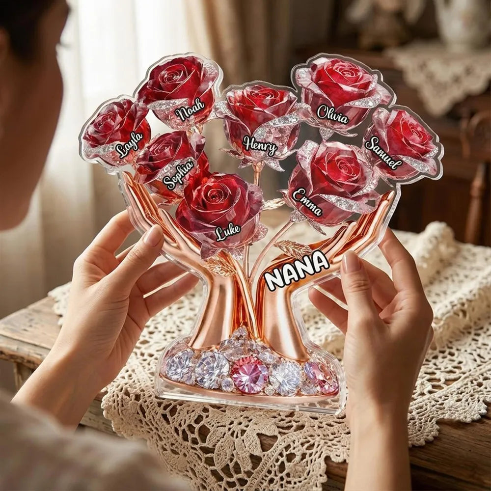 Personalized Shaped Acrylic Block Plaque with Grandma Hands Rose Bouquet - Unique Mother's Day Gift for Grandma
