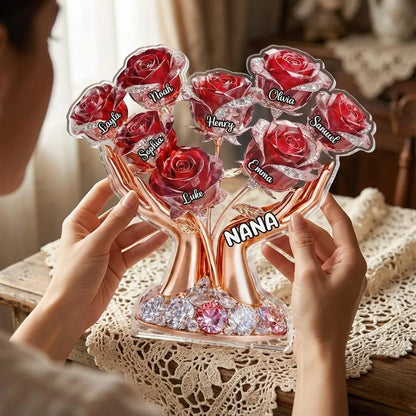 Personalized Shaped Acrylic Block Plaque with Grandma Hands Rose Bouquet - Unique Mother's Day Gift for Grandma