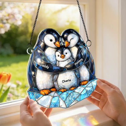 Personalized Penguin Family Acrylic Suncatcher Ornament for Window Decor, Cute Sunlight Reflection, Unique Gift for Mom