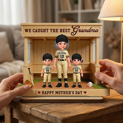 Personalized 2-Layer Wooden Plaque with Baseball Grandma and Grandkids in a Dugout - Unique Mother's Day Gift