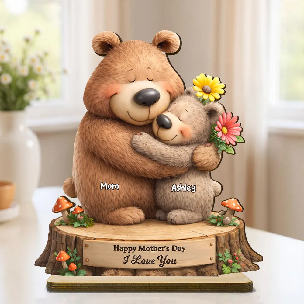 Personalized 2-Layer Wooden Plaque with Hugging Bear Mom and Child, Mother's Day Living Room Display, Unique Gift for Mom