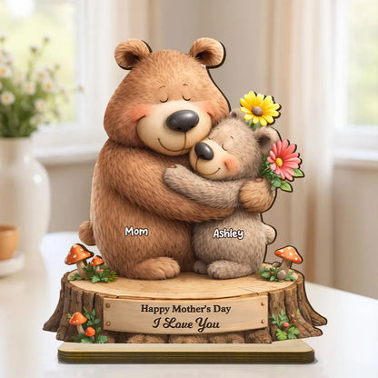 Personalized 2-Layer Wooden Plaque with Hugging Bear Mom and Child, Mother's Day Living Room Display, Unique Gift for Mom