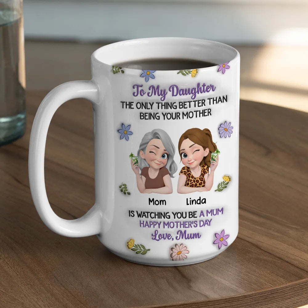 Personalized Mother Daughter Ceramic Mug with Cute Cartoon and Floral Accents - Unique Mother's Day Gift for Your Daughter