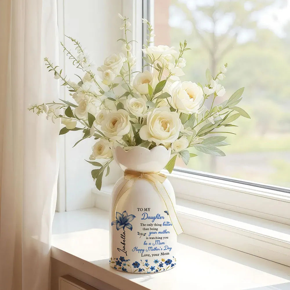 Scalloped Rim Ceramic Vase Personalized for Daughter, Happy Watching You Grow Mother's Day Gift, Heartwarming Home Decor
