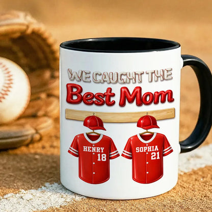 Personalized Baseball Mom Two-Tone Mug 'We Caught The Best Mom' Jersey Design - Unique Gift for Mom
