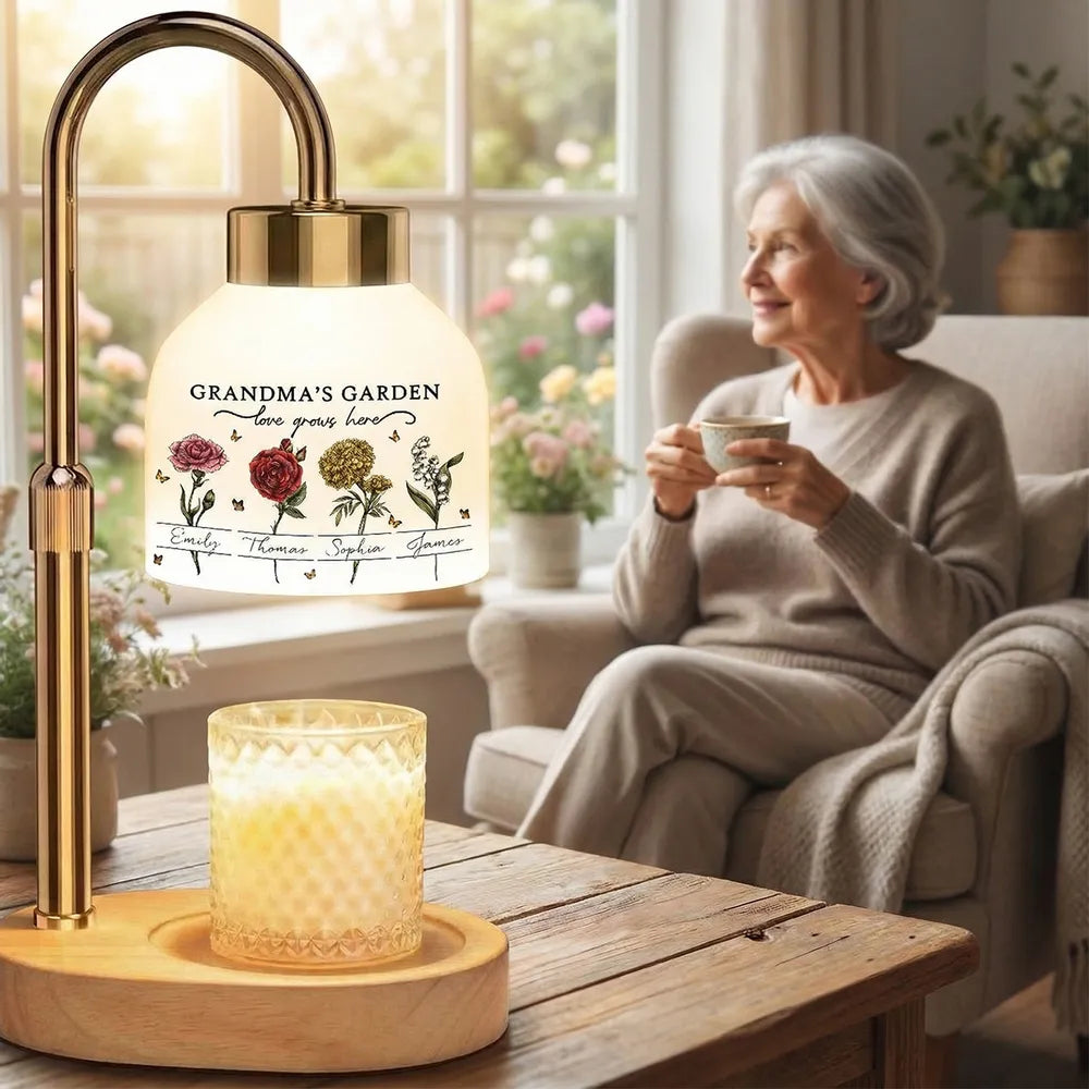 Grandma's Garden Candle Warmer Lamp, Personalized Floral Keepsake for Her Nightstand, Sweet Unique Gift from Grandkids