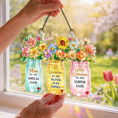 Personalized Acrylic Suncatcher Ornament for Mom Grandma Great Grandma, Colorful Mason Jar Flowers Window Decor Unique Gift
