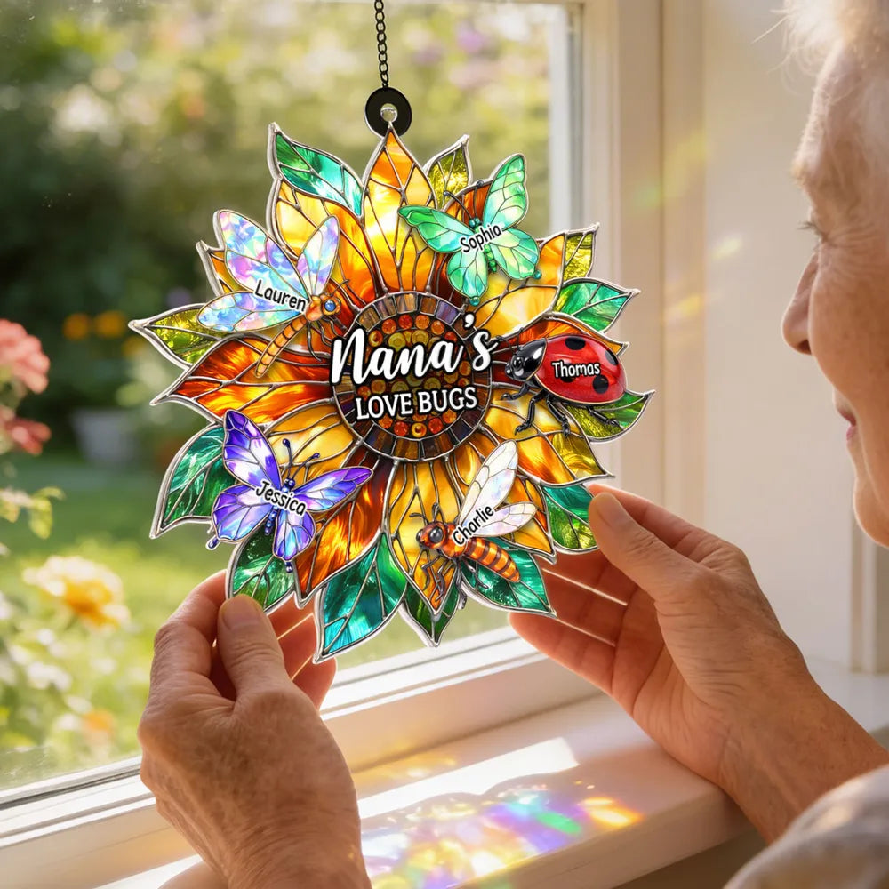 Nana's Love Bugs Acrylic Suncatcher Ornament, Personalized Sunflower Window Decor That Catches Sunlight, Thoughtful Gift