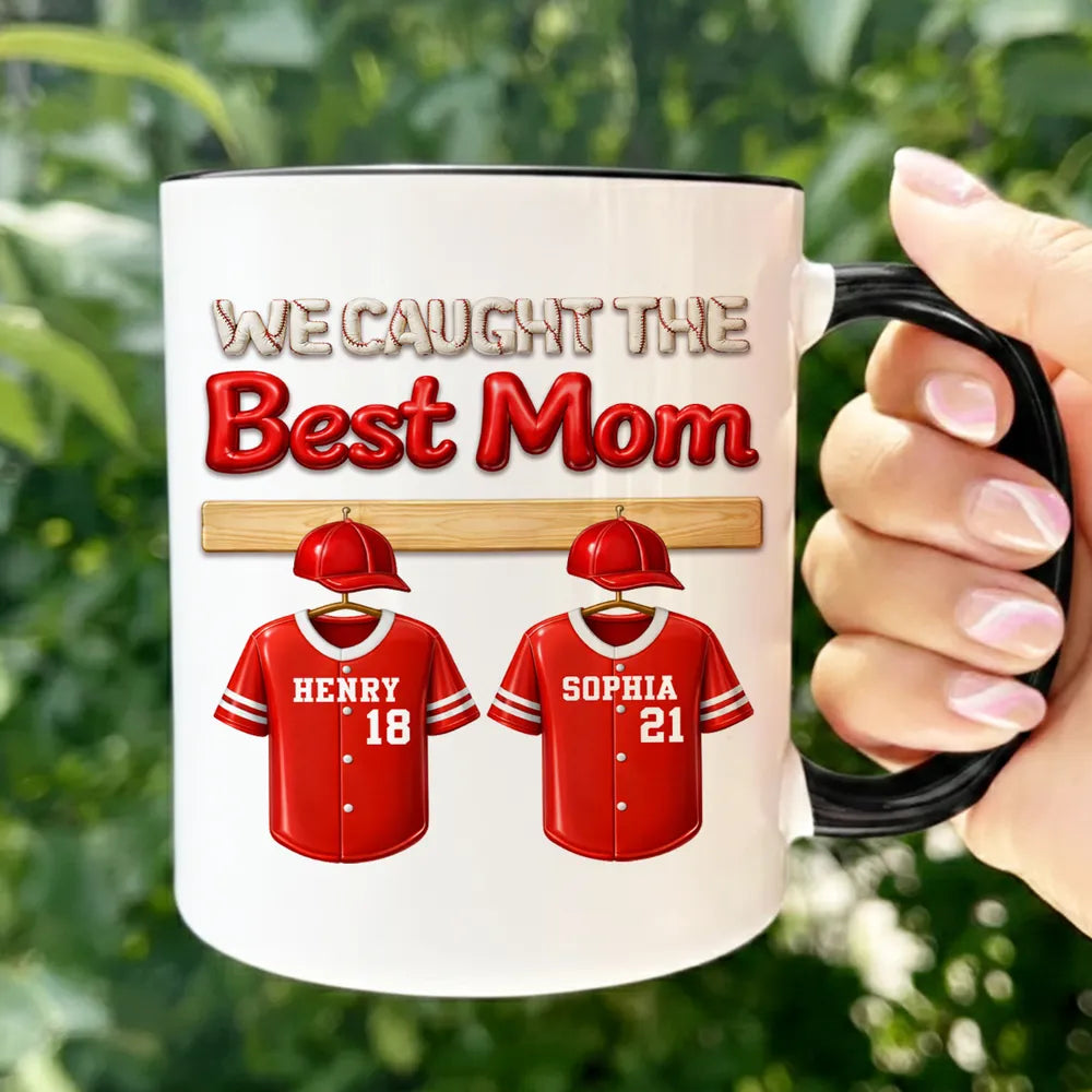 Personalized Baseball Mom Two-Tone Mug 'We Caught The Best Mom' Jersey Design - Unique Gift for Mom