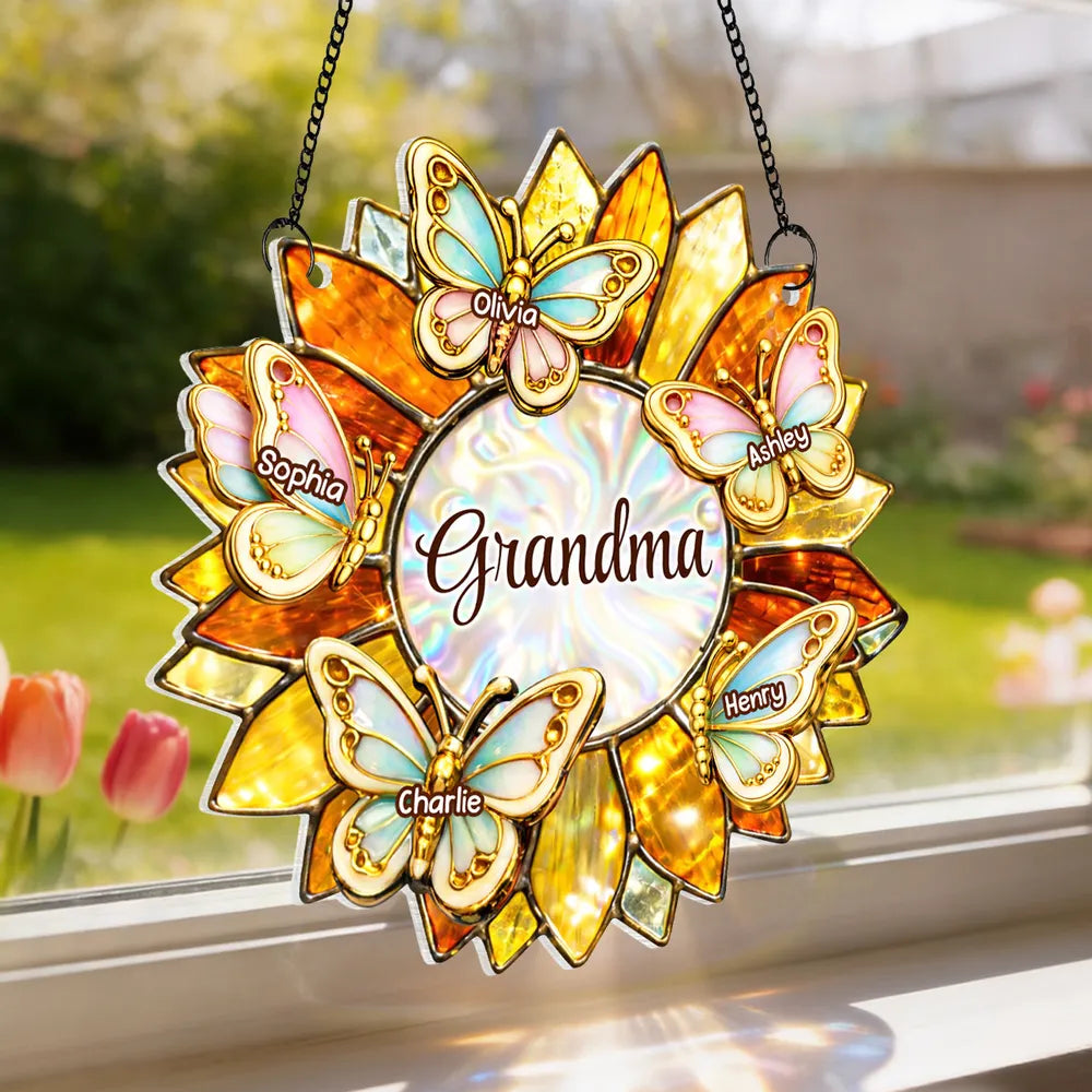Grandma Sunflower Acrylic Suncatcher Ornament With Butterflies, A Sweet Personalized Gift That Lights Up Her Window