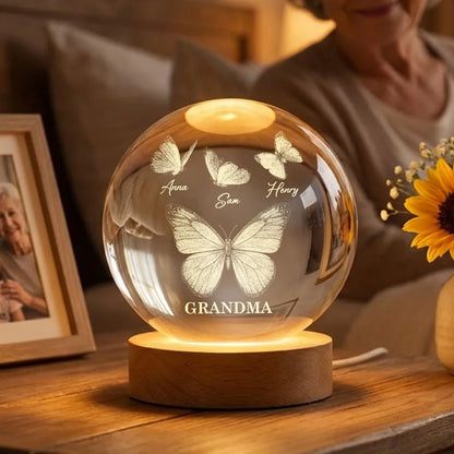 Personalized 3-Color K5 Globe Lamp with Butterflies for Grandma - Unique Custom Gift for a Cozy Nightstand Glow