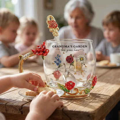 Personalized Grandma's Garden Enamel Flower Tea Cup with Custom Birth Month Flowers, Vintage-Inspired Unique Gift for Grandma