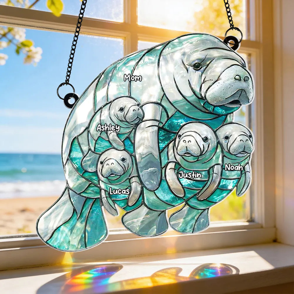 Personalized Manatee Mom and Calves Acrylic Suncatcher Ornament for Window Decor, Sweet Ocean Family Moment, Unique Gift for Mom