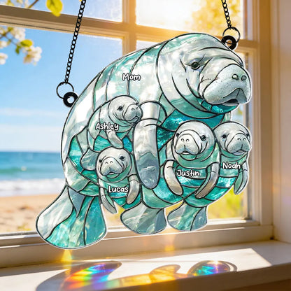 Personalized Manatee Mom and Calves Acrylic Suncatcher Ornament for Window Decor, Sweet Ocean Family Moment, Unique Gift for Mom