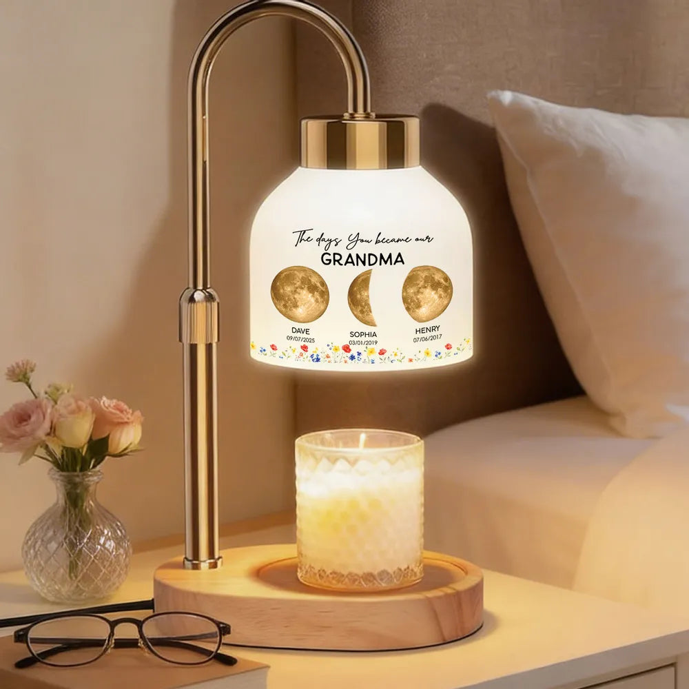 Personalized Candle Warmer Lamp with Golden Moon Phases for Grandma - Unique Gift for a Cozy Nightstand Glow