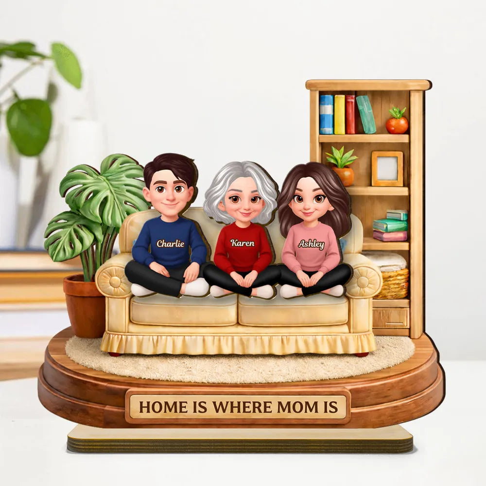 Personalized 2-Layer Wooden Plaque, Home Is Where Mom Is Couch Family Scene, Unique Gift for Mom