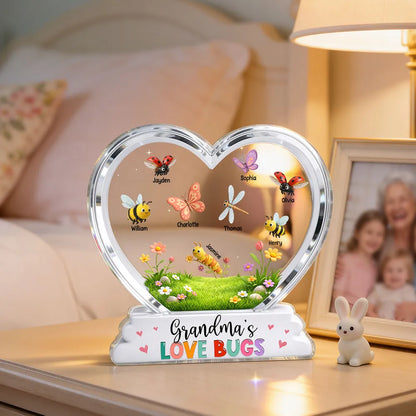Shaped Acrylic Block Plaque Personalized Grandma's Love Bugs Heart Display, Sweet Keepsake Gift for Mom or Grandma