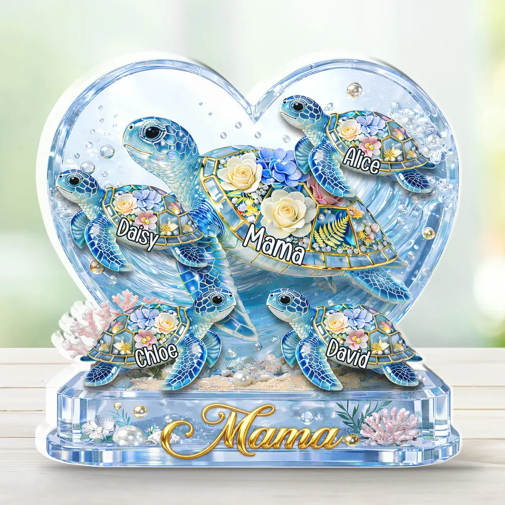 Personalized Shaped Acrylic Block Plaque with Sea Turtles & Ocean Flowers - Unique Gift for Grandma or Mom