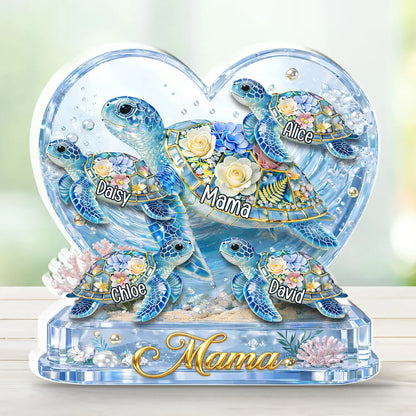 Personalized Shaped Acrylic Block Plaque with Sea Turtles & Ocean Flowers - Unique Gift for Grandma or Mom