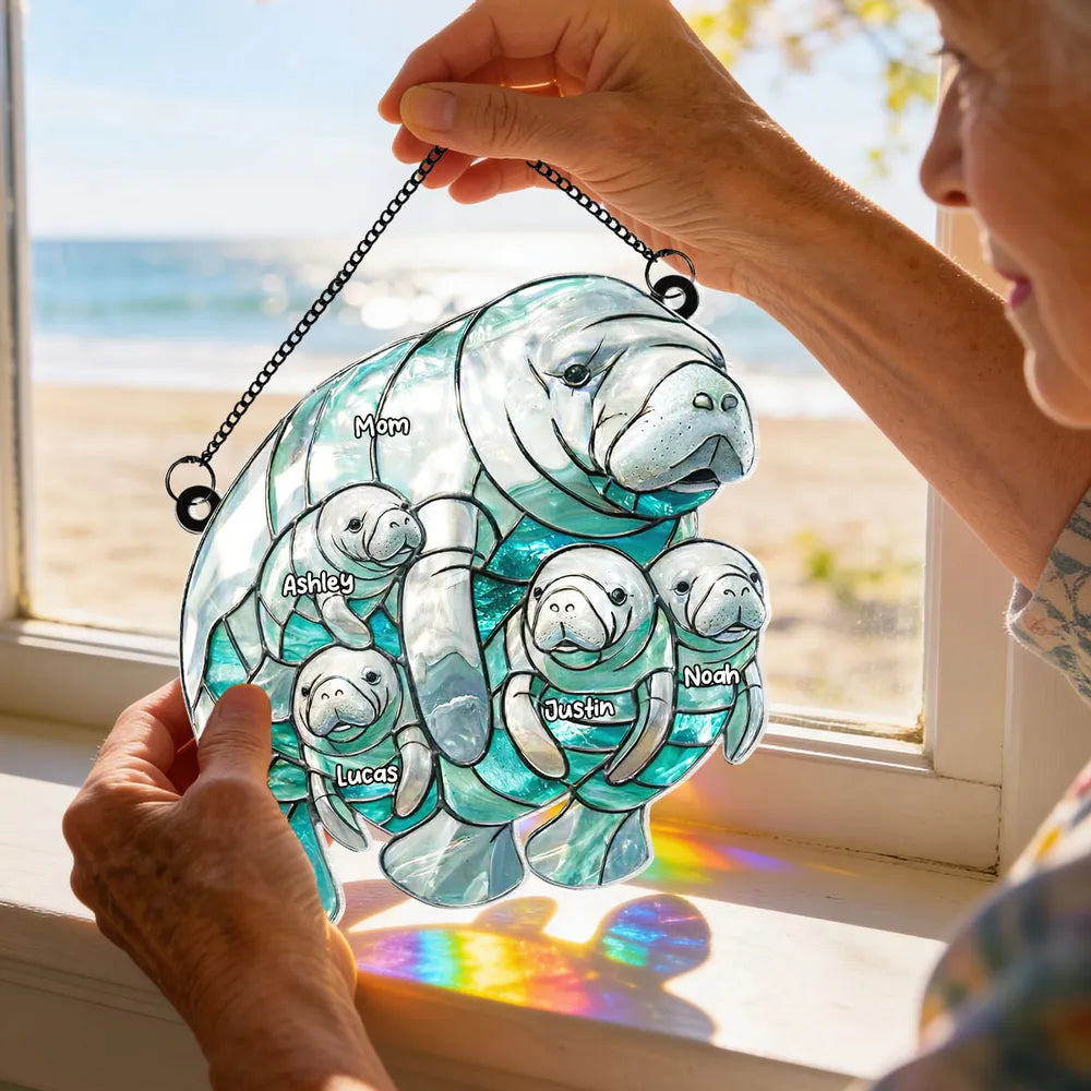 Personalized Manatee Mom and Calves Acrylic Suncatcher Ornament for Window Decor, Sweet Ocean Family Moment, Unique Gift for Mom