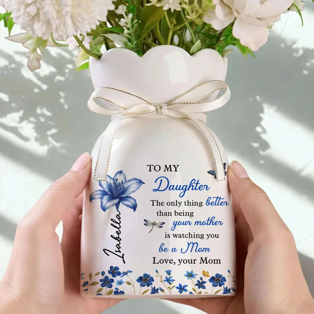 Scalloped Rim Ceramic Vase Personalized for Daughter, Happy Watching You Grow Mother's Day Gift, Heartwarming Home Decor