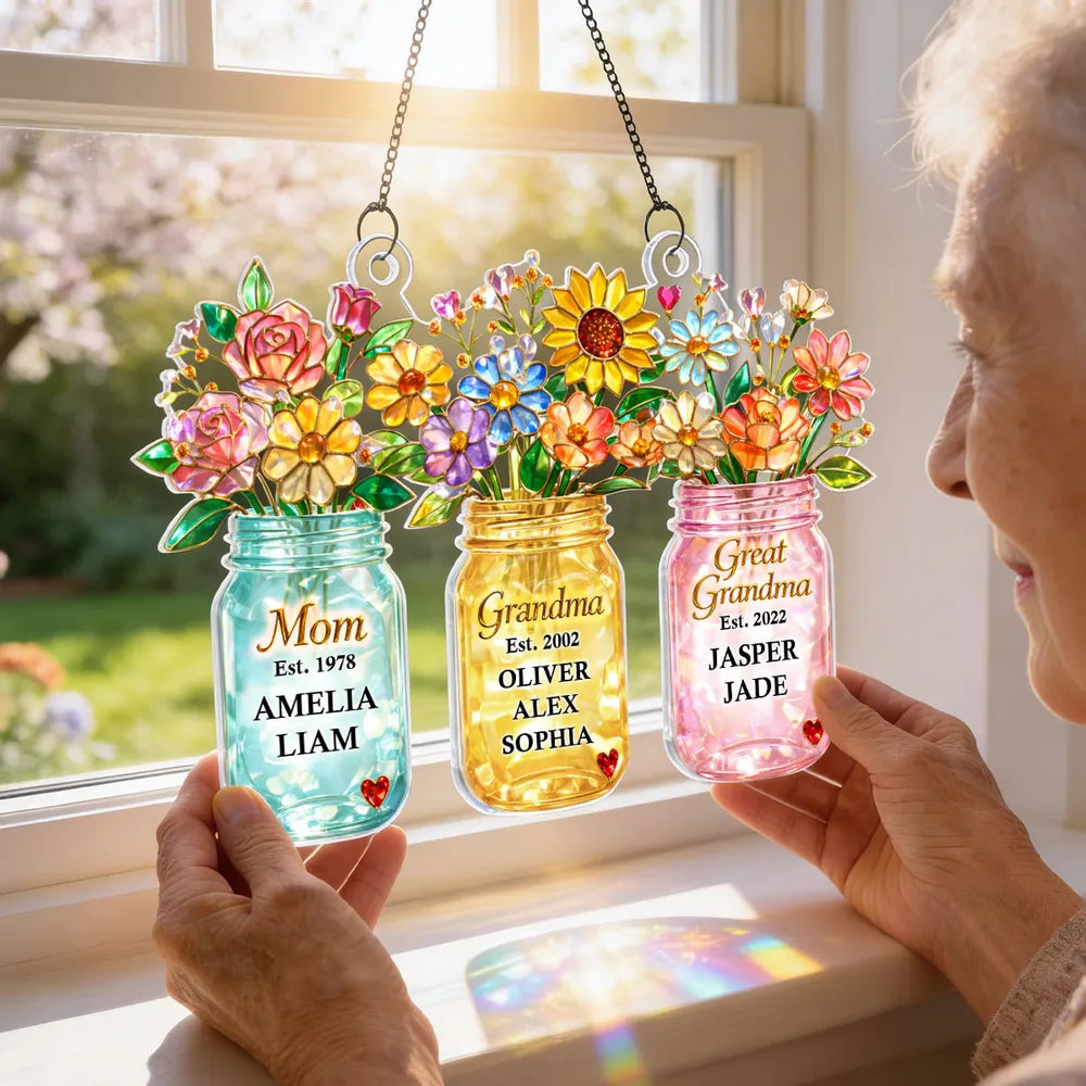 Personalized Acrylic Suncatcher Ornament for Mom Grandma Great Grandma, Colorful Mason Jar Flowers Window Decor Unique Gift
