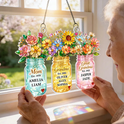 Personalized Acrylic Suncatcher Ornament for Mom Grandma Great Grandma, Colorful Mason Jar Flowers Window Decor Unique Gift