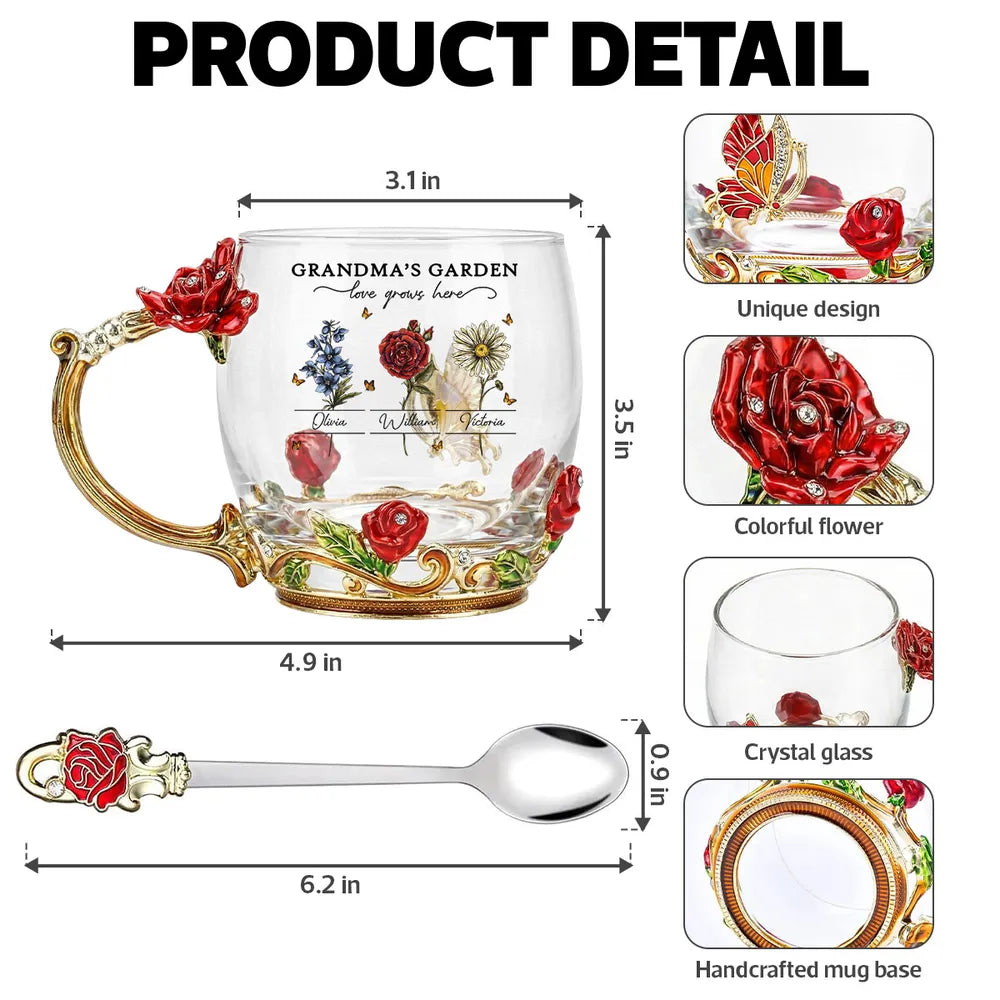 Personalized Grandma's Garden Enamel Flower Tea Cup with Custom Birth Month Flowers, Vintage-Inspired Unique Gift for Grandma