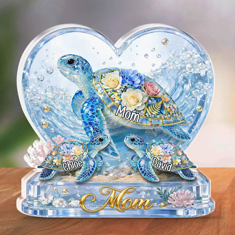 Personalized Shaped Acrylic Block Plaque with Sea Turtles & Ocean Flowers - Unique Gift for Grandma or Mom