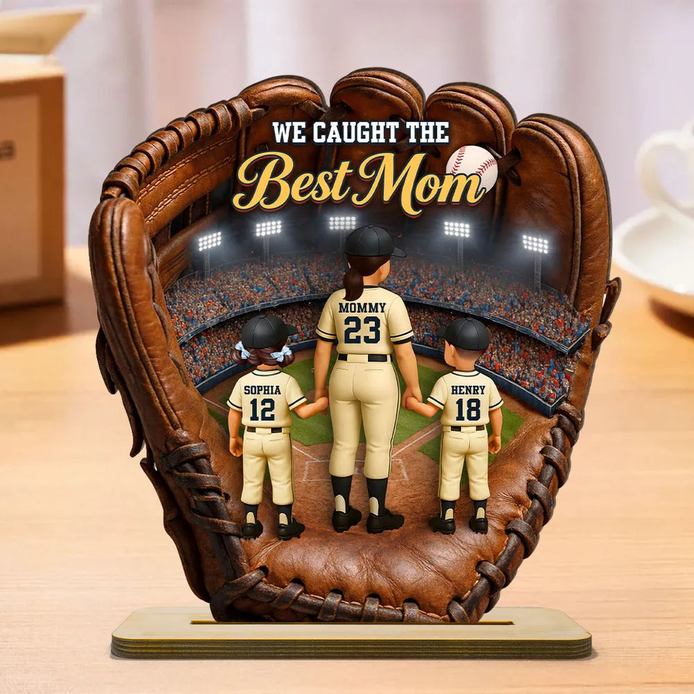 We Caught The Best Mom Personalized 2-Layer Wooden Plaque Warm Baseball Stadium Moment Heartfelt Gift for Mom