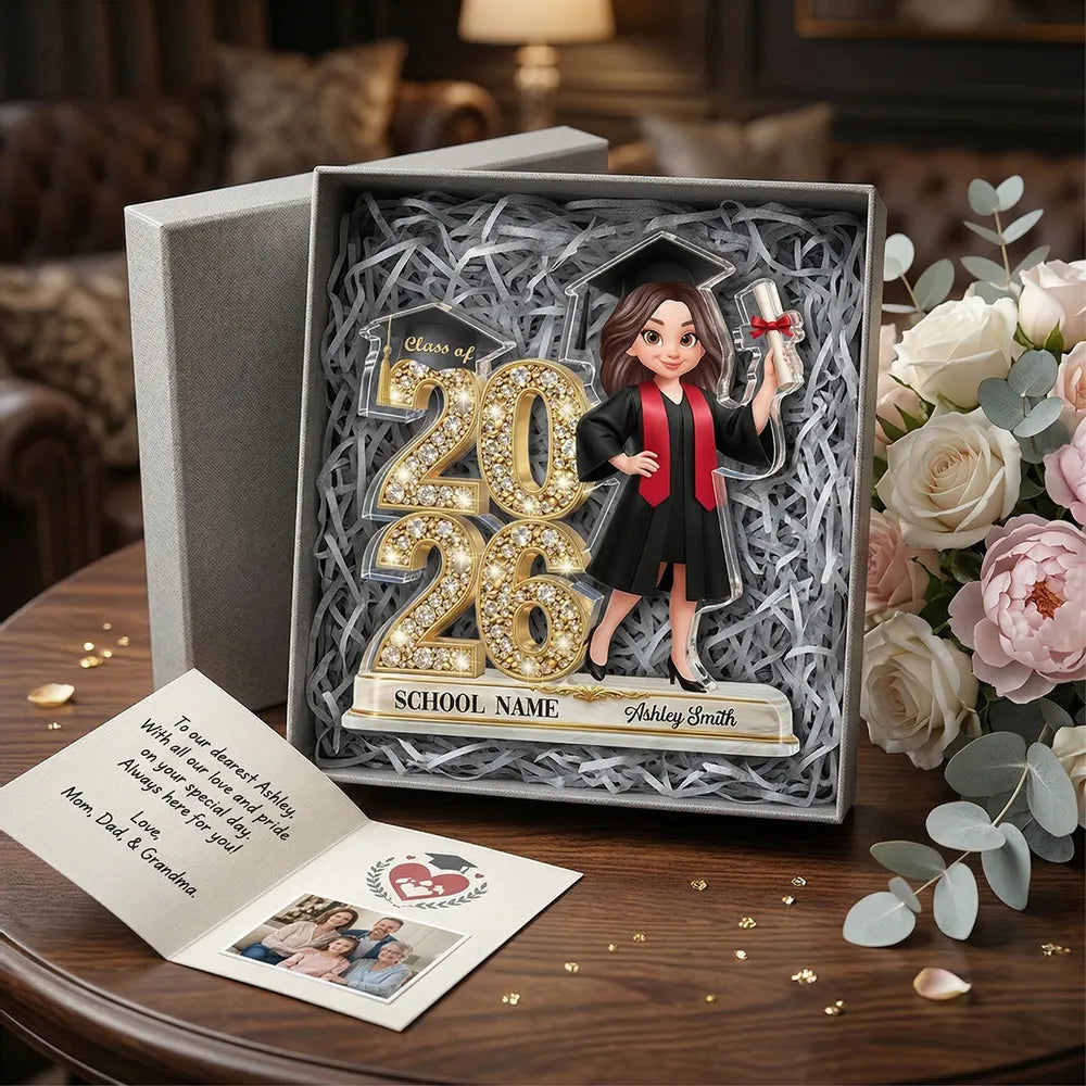 Personalized Graduation Acrylic Light Box with Class of 2026 Glitter Look and Grad Holding Diploma, Unique Gift for Graduates