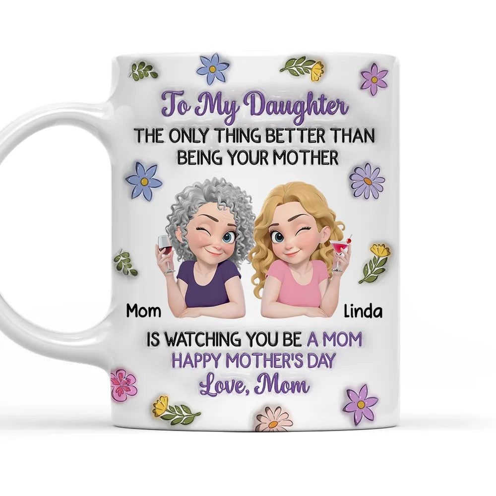 Personalized Mother Daughter Ceramic Mug with Cute Cartoon and Floral Accents - Unique Mother's Day Gift for Your Daughter