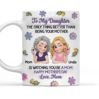 Personalized Mother Daughter Ceramic Mug with Cute Cartoon and Floral Accents - Unique Mother's Day Gift for Your Daughter