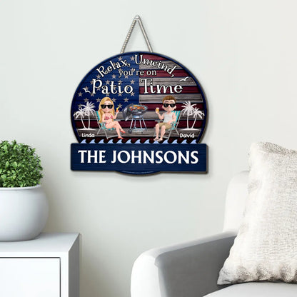 Relax & Unwind Wooden Sign, Cute Patio Grill Cartoon, Creative Gift for Family Outdoor Decor